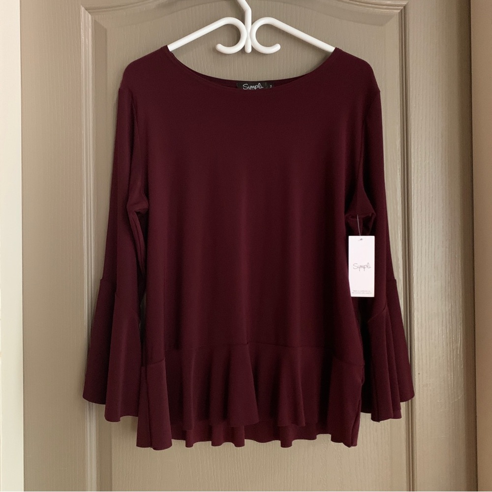 Wine Peplum Bell Sleeve Top Sz 14 – Boho Comfy Office Casual Style NWT